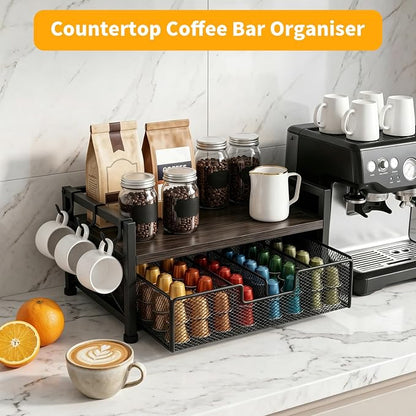 Tea Bag Organizer, Teabag Holder with Storage Drawer, Wood Tea Organizers and Storage Chest, Tea Station Chest Display Container Box for Countertop Kitchen (Grey)