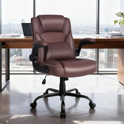 Home Office Chair with Lumbar Support, 5" Thickened Seat, Small PU Leather Rocking Desk Chair, Comfy Computer Chairs with Rolling Wheels & Adjustable Armrests for Adults, Brown