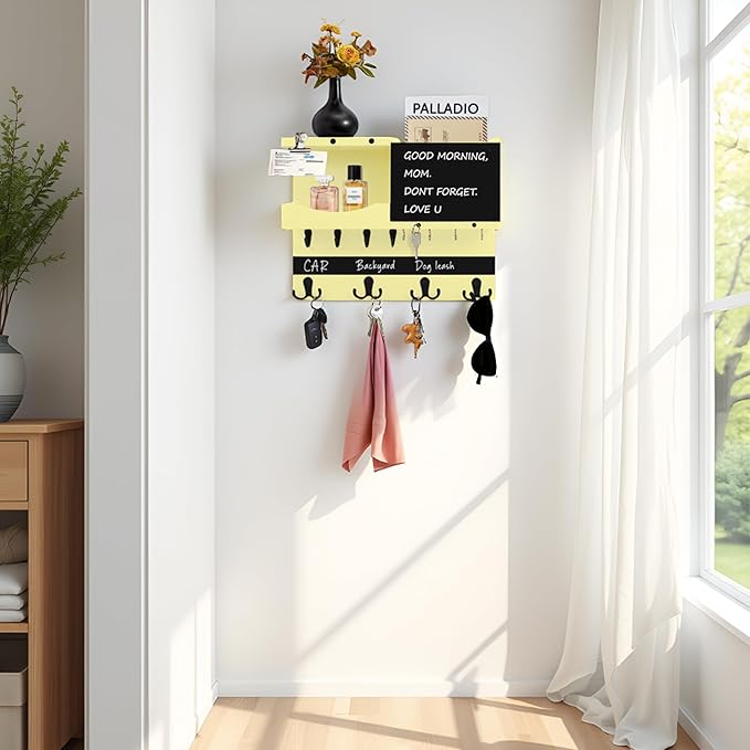 Key Holder for Wall Mount with Shelf and Mail Organizer, Key and Mail Holder with 16 Hooks, Farmhouse Entryway Organizer, Home Decor Rack(Pine Wood,Ivory Yellow)