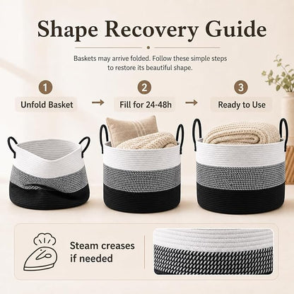 JMvicyroam 115L Extra Large Blanket Basket for Living Room - Woven Cotton Rope Laundry Hamper with Reinforced Handles - Storage Bin for Pillows, Comforters & Toys - Machine Washable,White&Black Mix