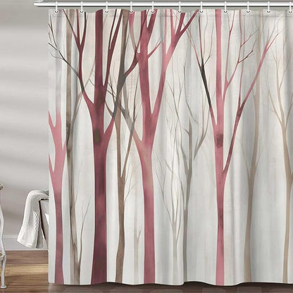 MERCHR Brown Red Tree Fabric Shower Curtain, Art Style Abstract Birch Forest Rustic Wood Polyester Fabric Waterproof Bath Curtain, Farmhouse Bathroom Shower Curtains with Hooks 60X72 Inch