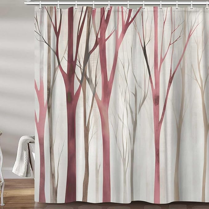 MERCHR Brown Red Tree Fabric Shower Curtain, Art Style Abstract Birch Forest Rustic Wood Polyester Fabric Waterproof Bath Curtain, Farmhouse Bathroom Shower Curtains with Hooks 72X75 Inch