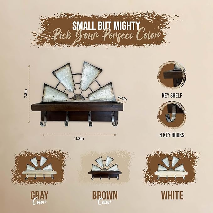 Windmill Key Holder Wall Mount, Decorative Wall Mounted Key and Mail Rack with Shelf, Farmhouse Wall Decor, 4 Rustic Key Hooks for Coats & Keys, Brown Key Holder