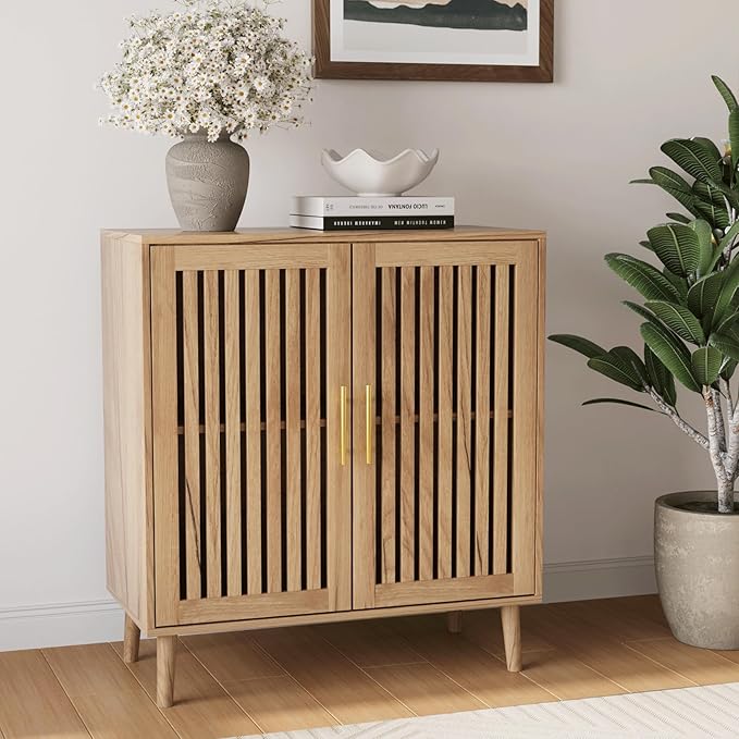 Sideboard Cabinet, 31.5" W Farmhouse Buffet Cabinet with Slatted Doors & Adjustable Shelf, Wooden Coffee Bar Storage Station for Kitchen, Dining Room, Living Room, Entryway, Natural Oak