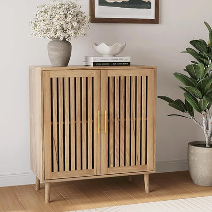 Sideboard Cabinet, 31.5" W Farmhouse Buffet Cabinet with Slatted Doors & Adjustable Shelf, Wooden Coffee Bar Storage Station for Kitchen, Dining Room, Living Room, Entryway, Natural Oak