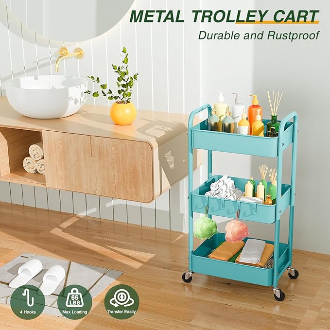 LEHOM 3 Tier Rolling Storage Cart, Metal Trolley Utility Cart with Wheels & Hooks, Easy Assembly Organizer Storage Cart for Bathroom Kitchen Office Bedroom