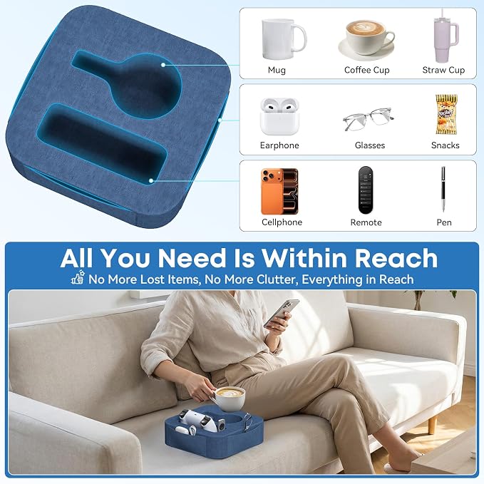 Couch Cup Holder Pillow, Couch Caddy for Drink, Snack, Phone, Remote, Game Controller, Removable and Washable Cup Cozy Pillow, Small Sofa Cup Holder Tray for Bed, Car, Desk, Sofa, Blue