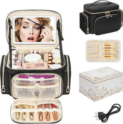 Large Makeup Bag with LED Mirror, Travel Makeup Bag Organizer for Women Girls with Makeup Brush Compartment & Two Side Pockets, 3 Color Lights Cosmetic Toiletry Bag- Leather Black