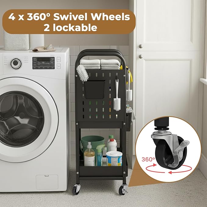 danpinera Craft Cart, Black Rolling Cart with Retractable Dividers & DIY Pegboards for Kitchen, Bedroom, Laundry