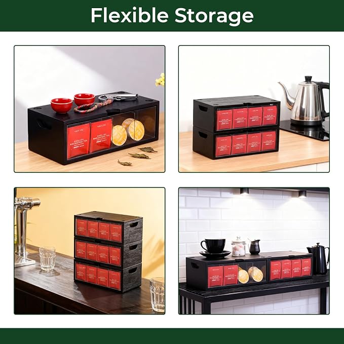 Bamboo Tea Bag Organizer for Cabinet & Countertop - 2-Piece Stackable Tea Box Set, Large Capacity Storage Containers for Tea Bags & Packets - Modular Pantry Organization & Kitchen Tea Station Holder
