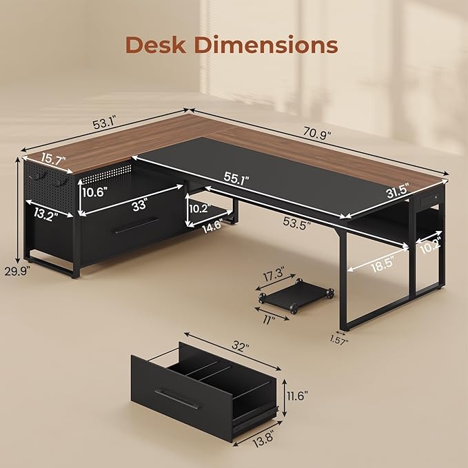 71" Executive Desk, Large Office Desk with Widen File Drawers & Power Outlets, Reversible L Shaped Computer Desk Corner Desk with Storage Shelves, CPU Stand, Hooks, Business Furniture (Walnut)