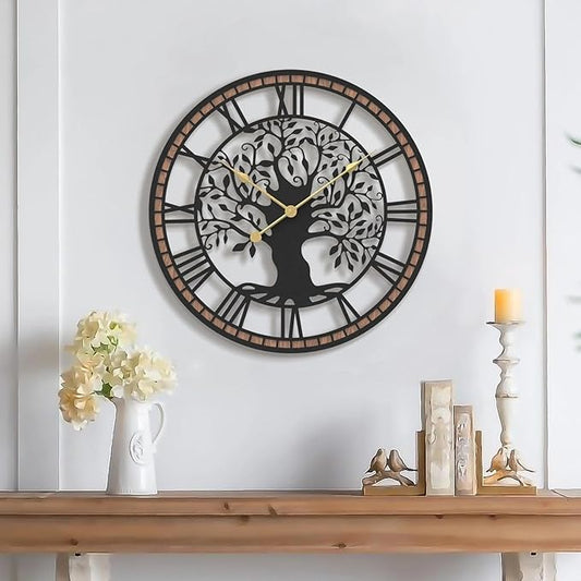 Micasso Non-Ticking Large Wall Clock: 18Inch Tree of Life Metal Black with Solid Wood Frame - Battery Operated Silent Clock for Living Room/Office/Bedroom/Kitchen - Home Decor for Professional Woman