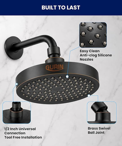GURIN Shower Head - Powerful High Pressure Rain Shower Head 6 Inch - Luxury Rainfall Showerhead with Adjustable Angles, 90 Anti-Clog Nozzles, Tool-Free 1-Min Install, Premium Oil Rubbed Black Finish