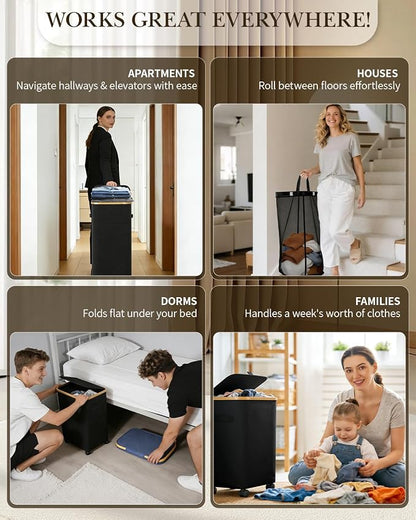 Laundry Hamper with Wheels, 75L Large Clothes Hamper with Removable Inner Bag, Collapsible Dirty Clothes Basket for Dorm, Rolling Dirty Clothes Basket for, Bedroom, Bathroom, Laundry Room
