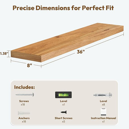 Vivelove Solid Wood Floating Shelves Set of 2, Elm Wood Wall Shelf with Invisible Bracket for Living Room Bedroom Bathroom Office, Rustic Farmhouse Decor Storage & Display, 36 inch - Natural