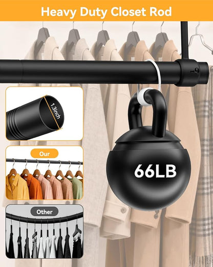 Closet Rods for Hanging Clothes, 17 to 84 Inches Ceiling/Wall Mounted Stepless Adjustable Closet Hanging Rod, 1.3 Inch Heavy Duty Hanging Clothes Rod for Closet Wardrobe Laundry RV (Black)