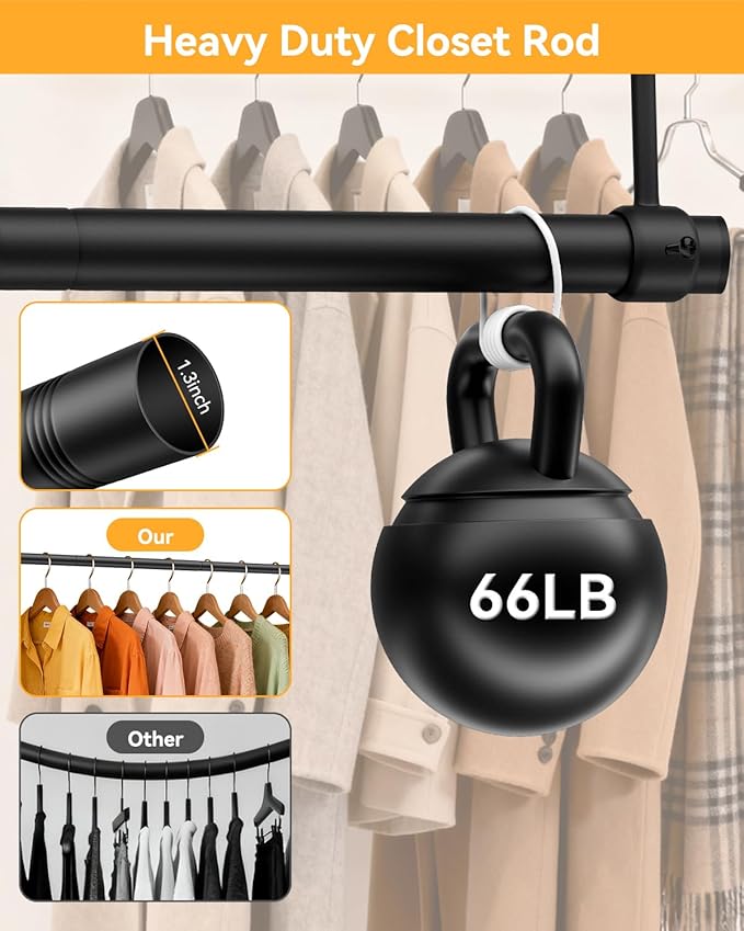 Closet Rods for Hanging Clothes, 17 to 28 Inches Ceiling/Wall Mounted Stepless Adjustable Closet Hanging Rod, 1.3 Inch Heavy Duty Hanging Clothes Rod for Closet Wardrobe Laundry RV (Black)