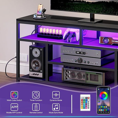 HOOBRO LED TV Stand with Charging Station, 4-Tier Entertainment Gaming Center, Modern Media Console Table, Open Shelves, 55.1"L x 13.8"W x 26.2"H, for TVs up to 65", for Living Room, Black BB47UDDS01