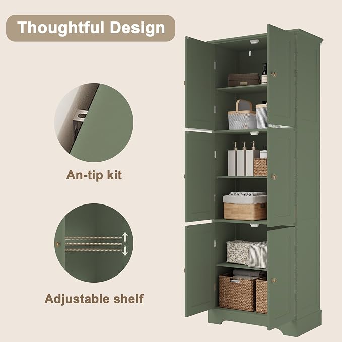 ChooChoo Tall Bathroom Storage Cabinet with 6 Doors, Freestanding Floor Cabinet with Adjustable Shelves, Green Pantry Cabinet for Bathroom, Kitchen, Laundry Room