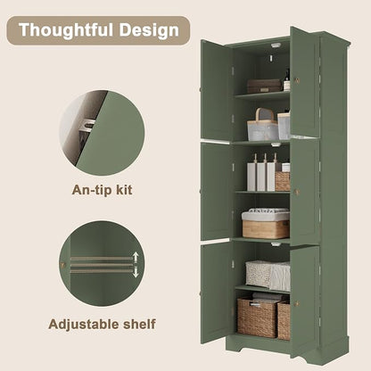 ChooChoo Tall Bathroom Storage Cabinet with 6 Doors, Freestanding Floor Cabinet with Adjustable Shelves, Green Pantry Cabinet for Bathroom, Kitchen, Laundry Room
