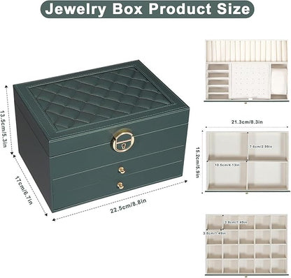 GUOER Jewelry Box for Women Girl Wife 3 Layers Large PU Leather Jewelry Organizer Storage Case with Two drawers Display for Earrings Bracelets Rings Watches (Hunter Green)