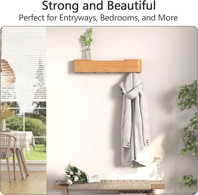 Coat Rack Wall Mount with Hidden Hooks Modern Key Holder Wood Entryway Hook with Shelf for Bedroom Kitchen Hallway Bathroom Designed for Hanging Coats Hats Bags Towels Dog Leashe(Oak,5 Hooks)