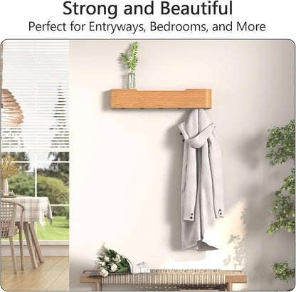 Coat Rack Wall Mount with Hidden Hooks Modern Key Holder Wood Entryway Hook with Shelf for Bedroom Kitchen Hallway Bathroom Designed for Hanging Coats Hats Bags Towels Dog Leashe(Oak,5 Hooks)