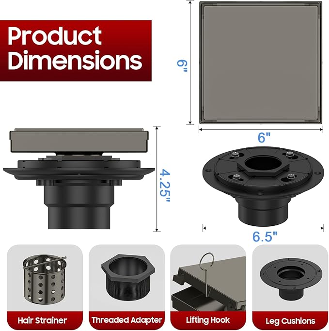 DLONE Square Shower Drain | 6 Inch Gun Gray AISI 304 Stainless Steel Shower Drain with Tile Insert Panel, Shower Floor Drain in Bathroom, Balcony etc