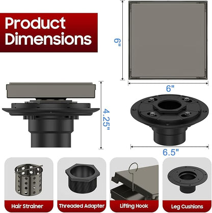 DLONE Square Shower Drain | 6 Inch Gun Gray AISI 304 Stainless Steel Shower Drain with Tile Insert Panel, Shower Floor Drain in Bathroom, Balcony etc