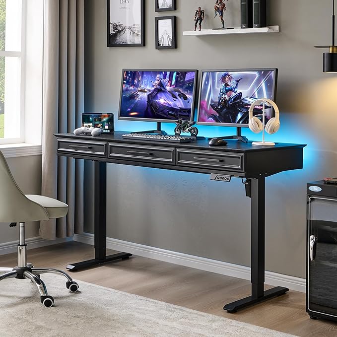 Electric Standing Desk with 3 Storage Drawers, 55x22 Inch Adjustable Height Office Computer Desk w/One-Piece Desktop & Power Outlets,Sit to Stand Up,Gaming Table for Home and Study, Black