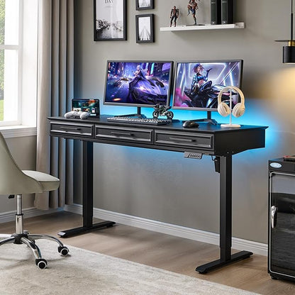 Electric Standing Desk with 3 Storage Drawers, 55x22 Inch Adjustable Height Office Computer Desk w/One-Piece Desktop & Power Outlets,Sit to Stand Up,Gaming Table for Home and Study, Black