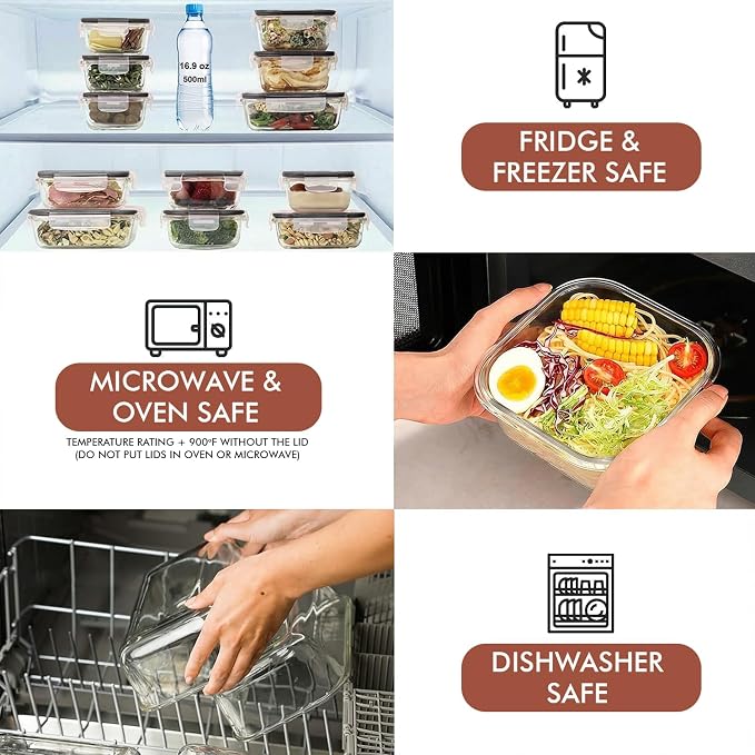 Razab 24 Pc Airtight Glass Food Storage Containers - Glass Meal Prep Containers - Freezer to Oven Safe - Steam Release Valve BPA Free - Airtight Bento Boxes - Leak Proof (12 lids & 12 Containers)