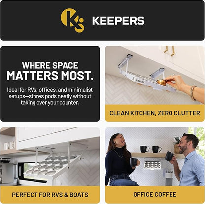 KEEPERS Nespresso® Vertuo® Pod Holder|Under Cabinet Swing Down Coffee Pod Organizer|Keurig® Coffee Pod Holder|K Cup Holder Storage Organizer|Magnet Steel RV Office Small Kitchen 10 x 9in WHITE