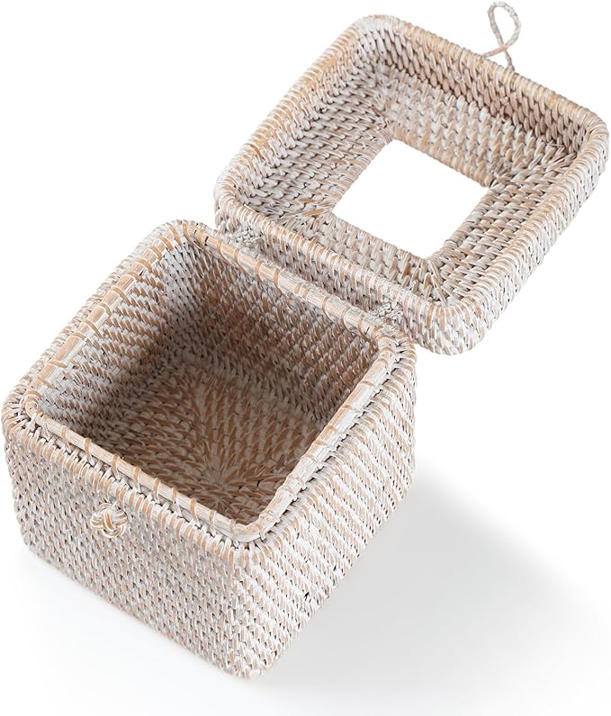 Rattan Square Tissue Box Cover, 5.7" x 5.7" x 5", Decorative Woven Facial Tissue Holder with Hinged Top Lid, Whitewash