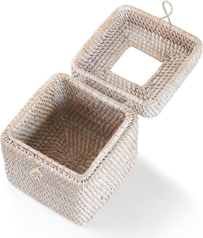 Rattan Square Tissue Box Cover, 5.7" x 5.7" x 5", Decorative Woven Facial Tissue Holder with Hinged Top Lid, Whitewash
