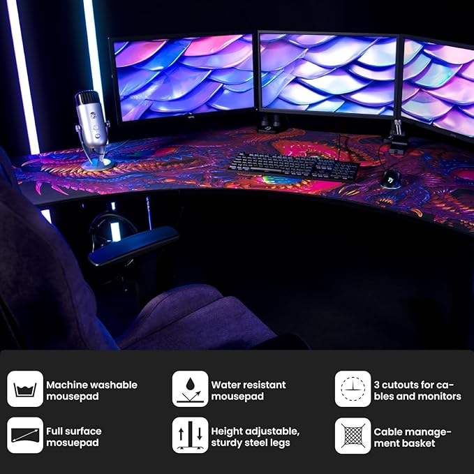 Arozzi Arena Angelo L Shaped GamingDesk, PC Gaming Desk L Shape, Height Adjustable L Shaped StandingDesk for Home Office, ComputerDesk with Full Coverage Mouse Pad (Crawling Chaos)