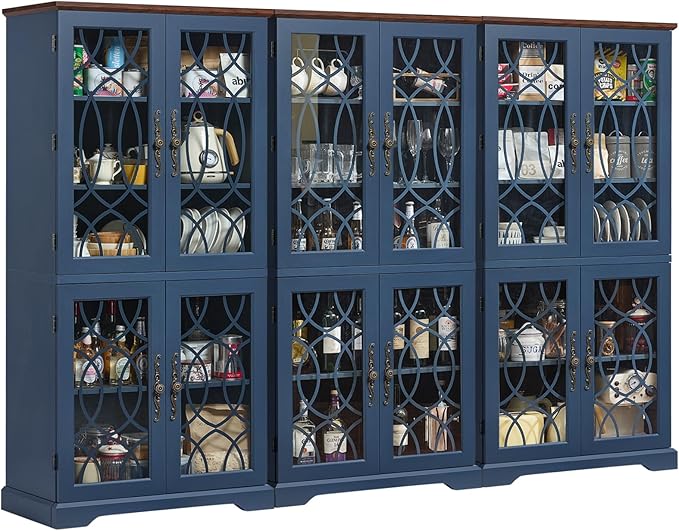 67" Tall Pantry Cabinet Set of 3, Vintage Kitchen Pantries Cabinets with Glass Doors & Adjustable Shelves, Wood Cupboard with Large Storage for Dingning Room, Bathroom, Navy Blue
