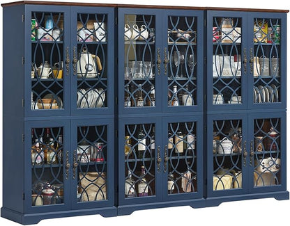 67" Tall Pantry Cabinet Set of 3, Vintage Kitchen Pantries Cabinets with Glass Doors & Adjustable Shelves, Wood Cupboard with Large Storage for Dingning Room, Bathroom, Navy Blue