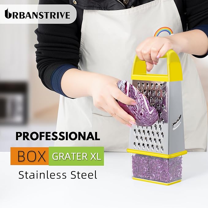 Urbanstrive Cheese Grater With Container, Professional Cheese Grater with Handle, Stainless Steel Graters for Kitchen Handheld, Box Grater with 4 Sides for Vegetables, Ginger, Potatoes (Yellow)