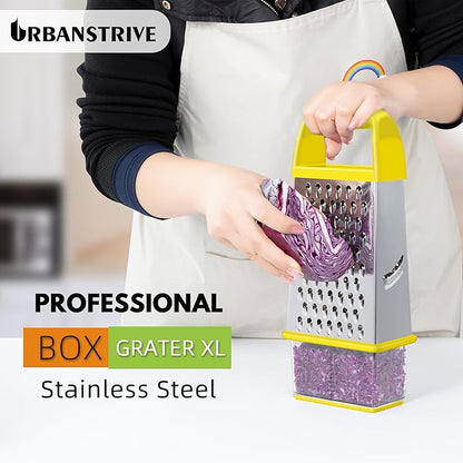 Urbanstrive Cheese Grater With Container, Professional Cheese Grater with Handle, Stainless Steel Graters for Kitchen Handheld, Box Grater with 4 Sides for Vegetables, Ginger, Potatoes (Yellow)