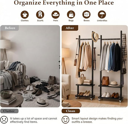 Taitiy Coat Rack Freestanding Clothing Rack with Wheels & 2 Shelves Storage & 5 Hooks Heavy Duty Clothes Rack Wood Coat Tree Stand Hat Hanger Rack for Corner Bedroom Entryway Living Room Hotel Size L
