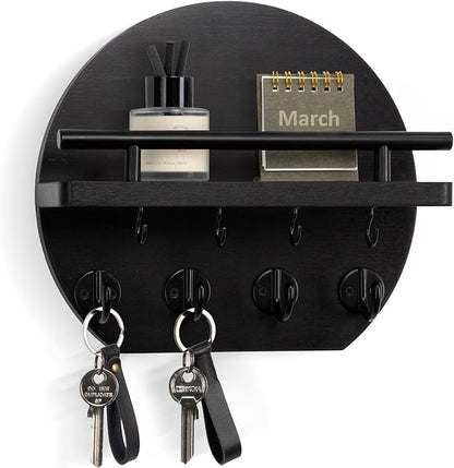 Nekon Key Holder for Wall - 9.8 Inch Apartment Wall Decor with Shelf and 8 Key Hooks, Circular Wood Key Hanger for Home Decor (Black)