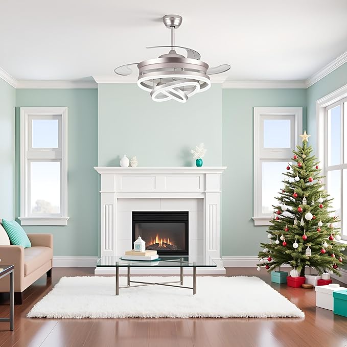 42" Modern Retractable Ceiling Fan with Lights, Fandelier Ceiling Fan with LED Light and Remote&App Control, 6 Speed Reversible 3CCT Chandelier Fan for Bedroom Living Room Dining Room Silver
