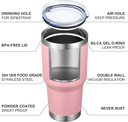 MEWAY 30oz Insulated Tumbler With Lids and Straws,Stainless Steel Double Vacuum Coffee Tumbler Cup, Brush, Durable Powder Coated Coffee Cup for Cold & Hot Drinks, Office, Travel(Pink,4 PACK)