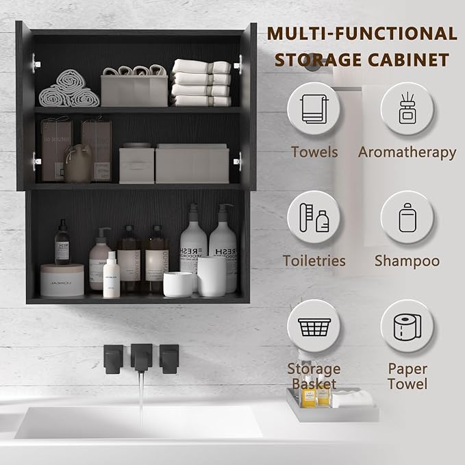 Fluted Bathroom Wall Cabinet Over The Toilet Storage,Wall Mounted Cabinet with Adjustable Shelf,Floating Cabinet Organizer Hanging Cabinet,Kitchen and Laundry Room Cabinets (Black, 1 PC)