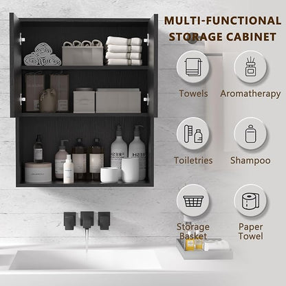 Fluted Bathroom Wall Cabinet Over The Toilet Storage,Wall Mounted Cabinet with Adjustable Shelf,Floating Cabinet Organizer Hanging Cabinet,Kitchen and Laundry Room Cabinets (Black, 1 PC)