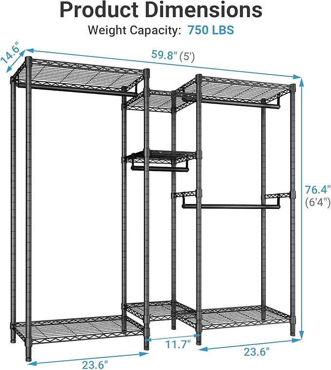 VIPEK Classic V6 Medium Wire Garment Rack Heavy Duty Clothes Rack for Hanging Clothes, Metal Freestanding Closet Wardrobe Racks 59.8" L x 14.6" W x 76.4" H, Max Load 750lbs, Black