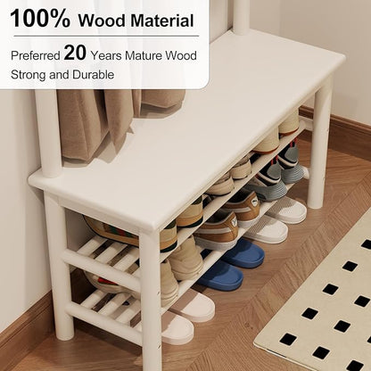 AQIMUELE Coat Rack with Shoe Storage, Wooden Hall Tree with Bench, 11 Hooks and 2-Tier Storage Shelves, 3-in-1, Entryway Bench with Coat Rack (31.5"-White)