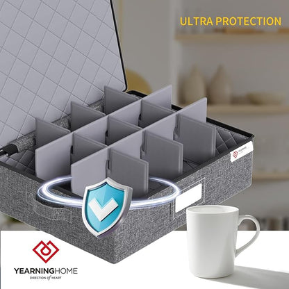 YearningHome Cup and Mug Storage Box with Hard Shell and Dividers for Coffee Mugs,Tea Cups and Glasses,Stackable Storage Organizers with Lid,Handles,Zips and Label for Moving,Holds 12,2 Pack, Grey