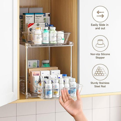 Under Sink Organizer, Bathroom Organizers and Storage, 2 Tier Multi-Use Pull Out Cabinet Organizer with Hang Hooks and Cups (transparent, 4 Pack)